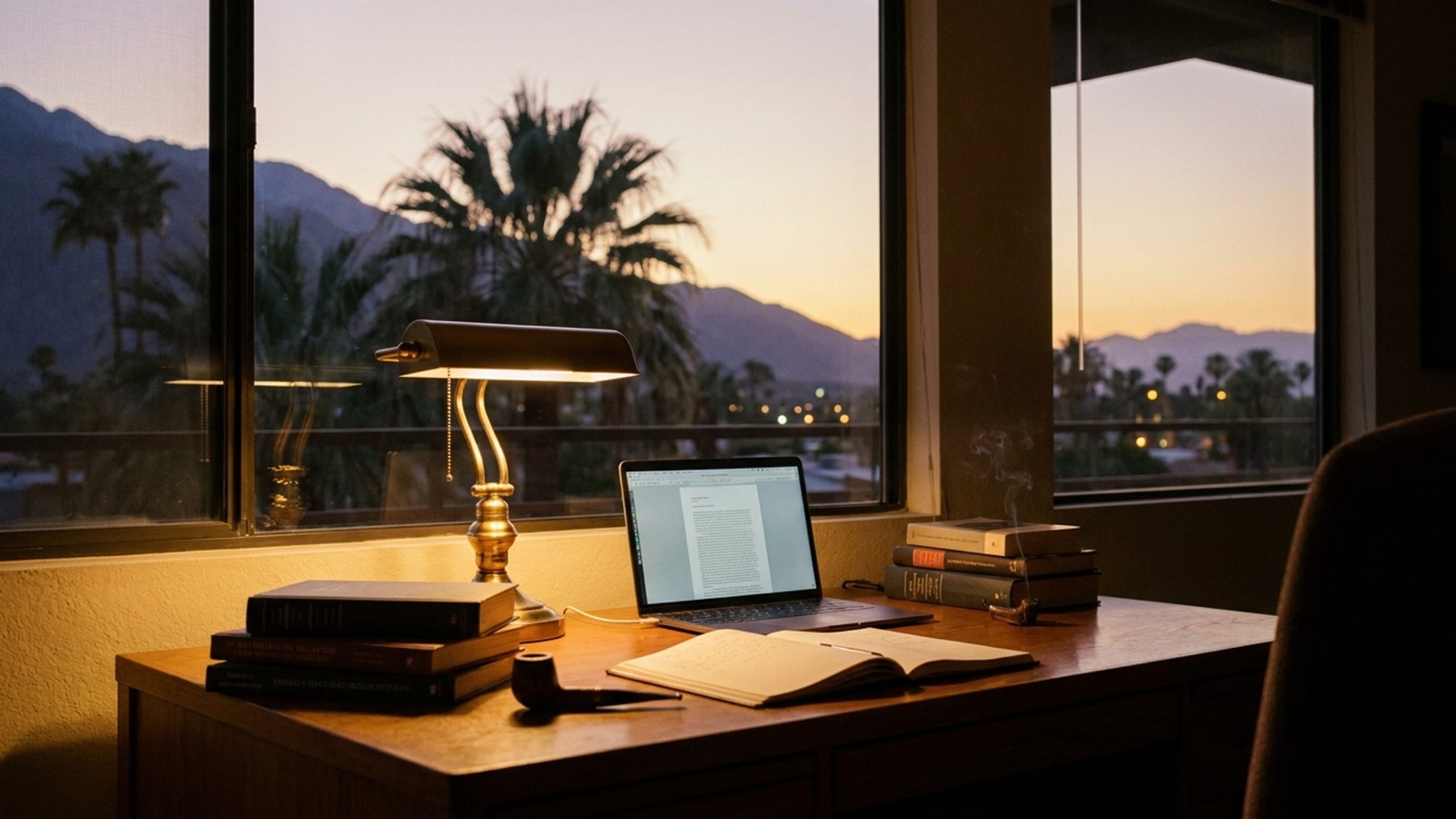 Warm Southern California light over the Coachella Valley, seen from a desk by a window